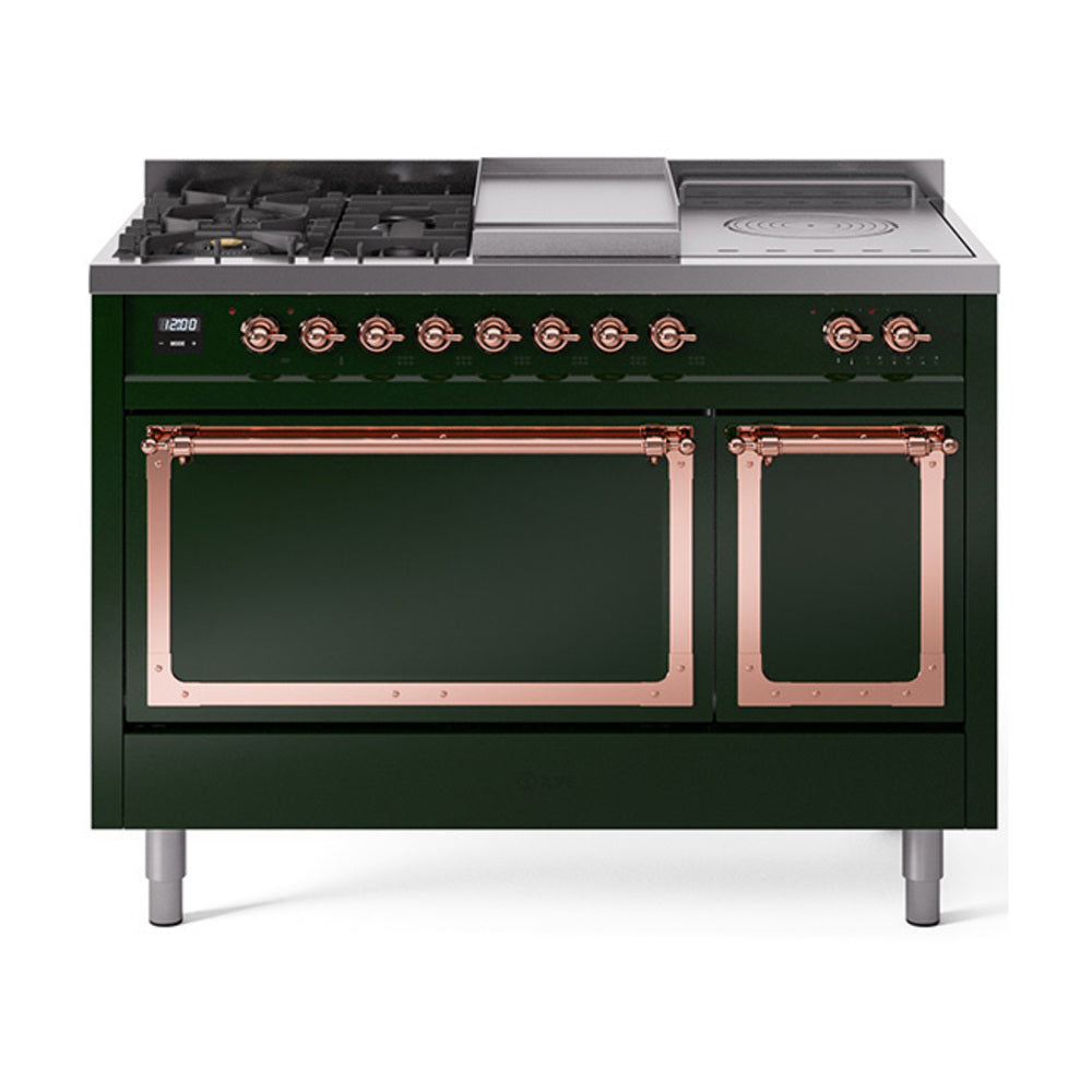 ILVE Nostalgie II Noblesse 48-Inch NG Dual Fuel Range, 5 Burners, Griddle, French Top, Solid Door, Emerald Green with Copper Trim (UN48FSQNMPEGP)