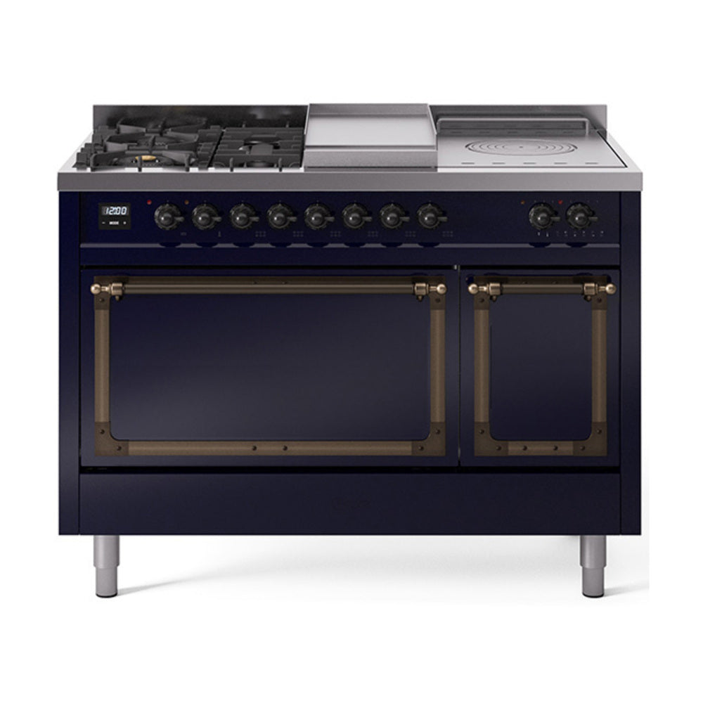ILVE Nostalgie II Noblesse 48-Inch NG Dual Fuel Range, 5 Burners, Griddle, French Top, Midnight Blue with Burnished Bronze Trim (UN48FSQNMPMBB)