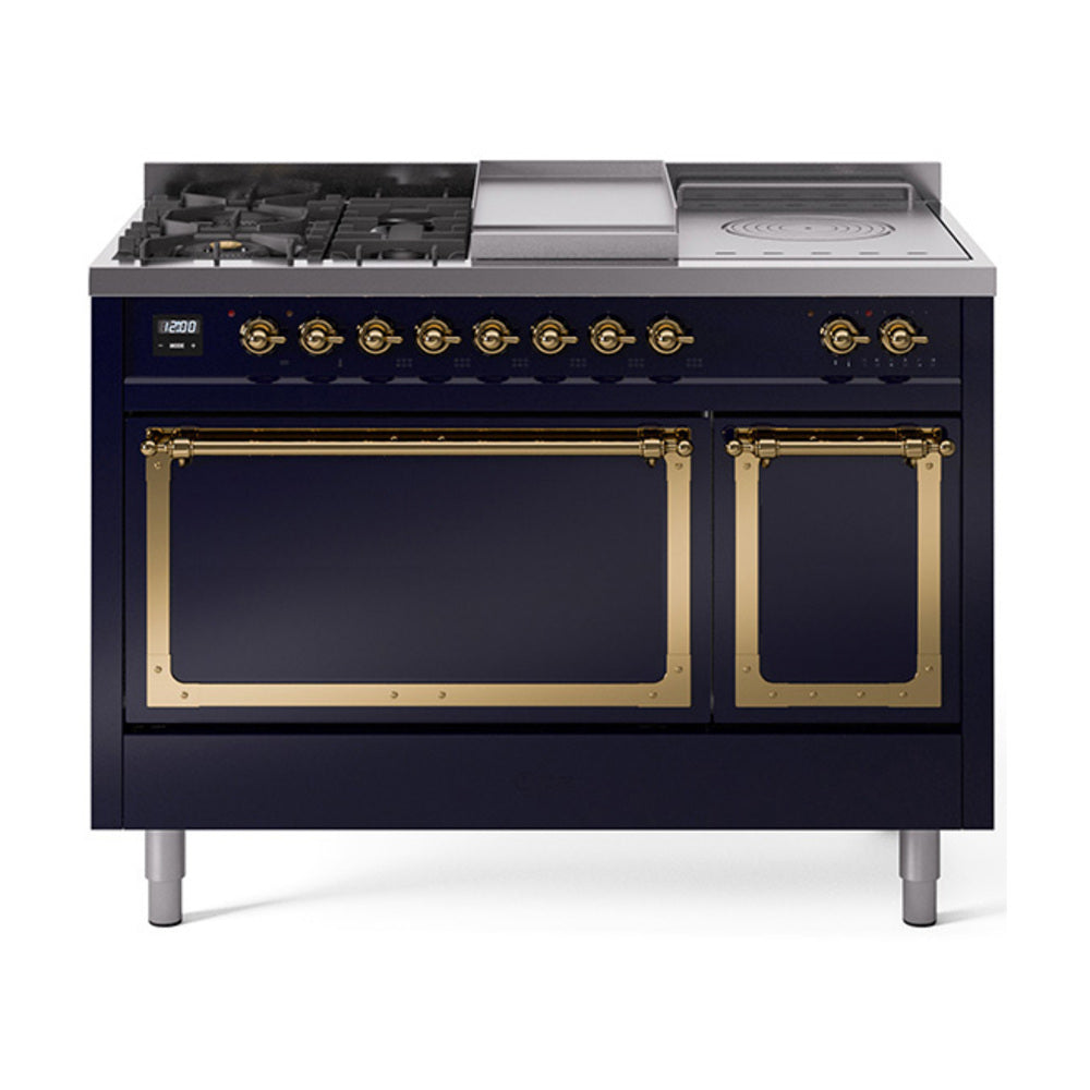 ILVE Nostalgie II Noblesse 48-Inch NG Dual Fuel Range, 5 Burners, Griddle, French Top, Solid Door, Midnight Blue with Brass Trim (UN48FSQNMPMBG)