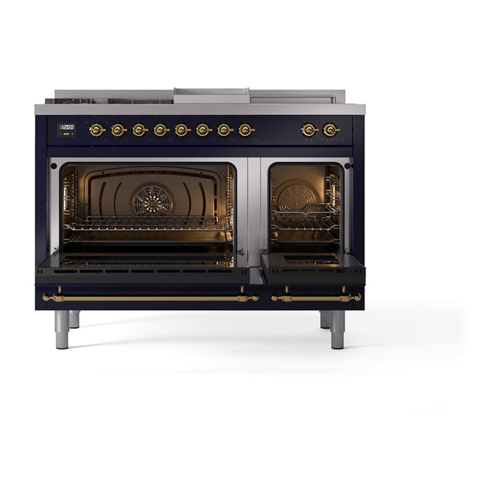 ILVE Nostalgie II Noblesse 48-Inch LP Dual Fuel Range, 5 Burners, Griddle, French Top, Midnight Blue with Brass Trim (UN48FSQNMPMBGLP)