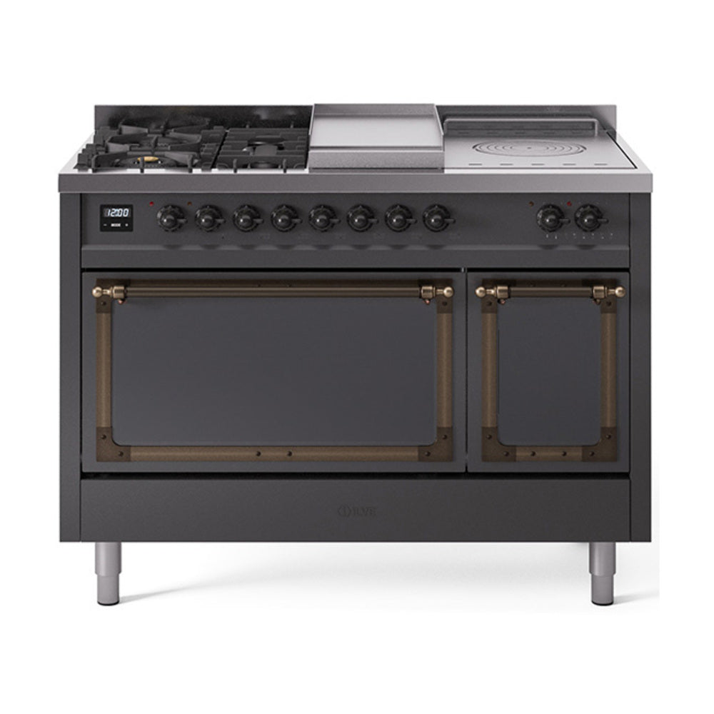 ILVE Nostalgie II Noblesse 48-Inch NG Dual Fuel Range, 5 Burners, Griddle, French Top, Matte Graphite with Burnished Bronze Trim (UN48FSQNMPMGB)