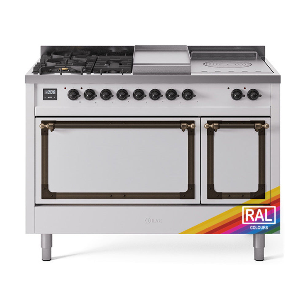 ILVE Nostalgie II Noblesse 48-Inch NG Dual Fuel Range, 5 Burners, Griddle, French Top, Custom RAL with Burnished Bronze Trim (UN48FSQNMPRAB)