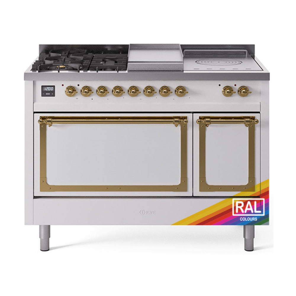 ILVE Nostalgie II Noblesse 48-Inch LP Dual Fuel Range, 5 Burners, Griddle, French Top, Solid Door, RAL with Brass Trim (UN48FSQNMPRAGLP)
