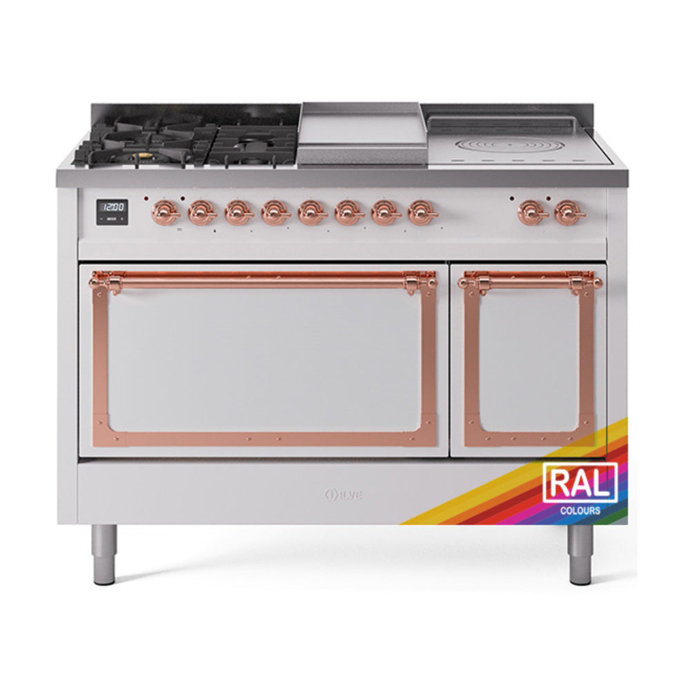 ILVE Nostalgie II Noblesse 48-Inch Dual Fuel Range, 5 Burners, Griddle, French Top, Solid Door, Custom RAL with Copper Trim (UN48FSQNMPRAP)