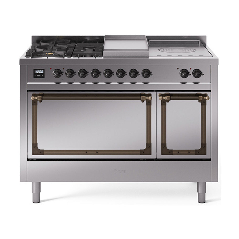 ILVE Nostalgie II Noblesse 48-Inch NG Dual Fuel Range, 5 Burners, Griddle, French Top, Stainless Steel with Burnished Bronze Trim (UN48FSQNMPSSB)