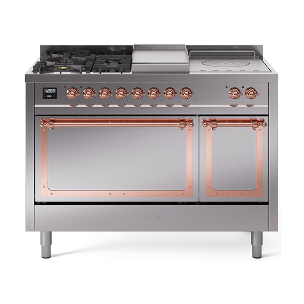 ILVE Nostalgie II Noblesse 48-Inch NG Dual Fuel Range, 5 Burners, Griddle, French Top, Solid Door, Stainless Steel with Copper Trim (UN48FSQNMPSSP)