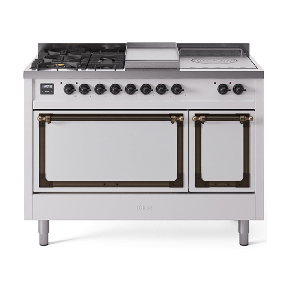 ILVE Nostalgie II Noblesse 48-Inch NG Dual Fuel Range, 5 Burners, Griddle, French Top, Solid Door, White with Burnished Bronze Trim (UN48FSQNMPWHB)