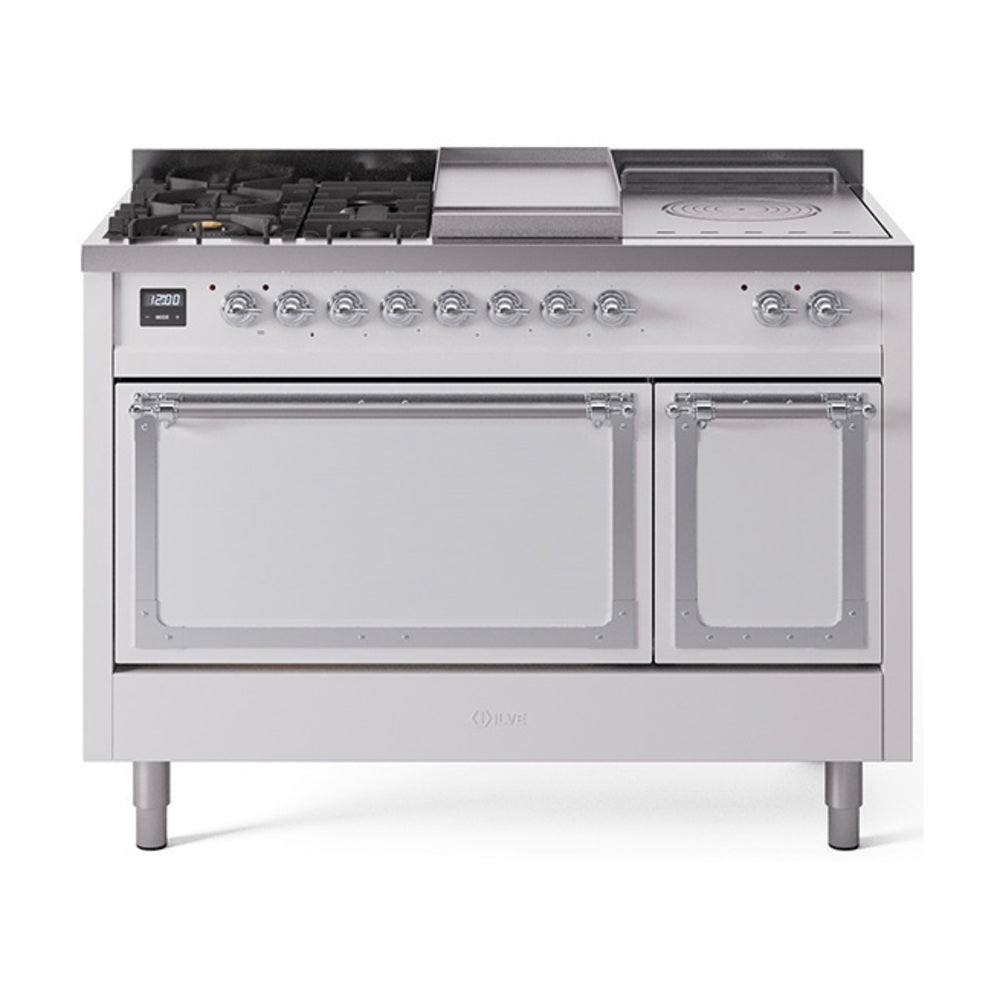 ILVE Nostalgie II Noblesse 48-Inch NG Dual Fuel Range, 5 Burners, Griddle, French Top, Solid Door, White with Chrome Trim (UN48FSQNMPWHC)