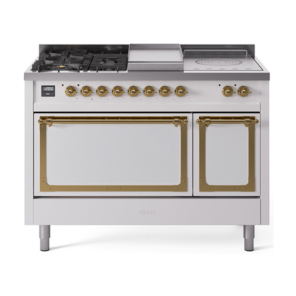 ILVE Nostalgie II Noblesse 48-Inch LP Dual Fuel Range, 5 Burners, Griddle, French Top, Solid Door, White with Brass Trim (UN48FSQNMPWHGLP)
