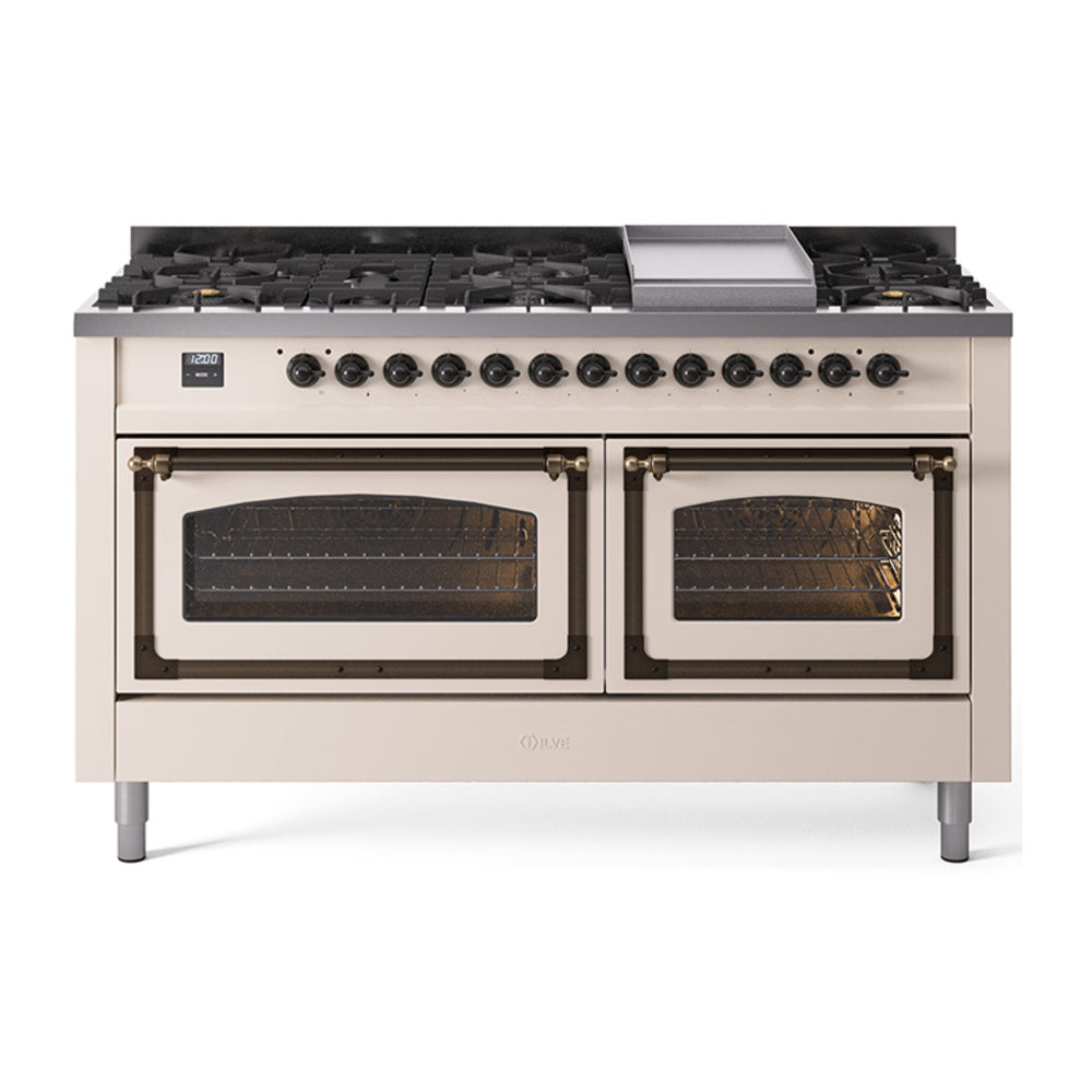 ILVE Nostalgie II Noblesse 60-Inch Natural Gas Dual Fuel Range, Antique White with Burnished Bronze Trim (UN60FNMPAWB)
