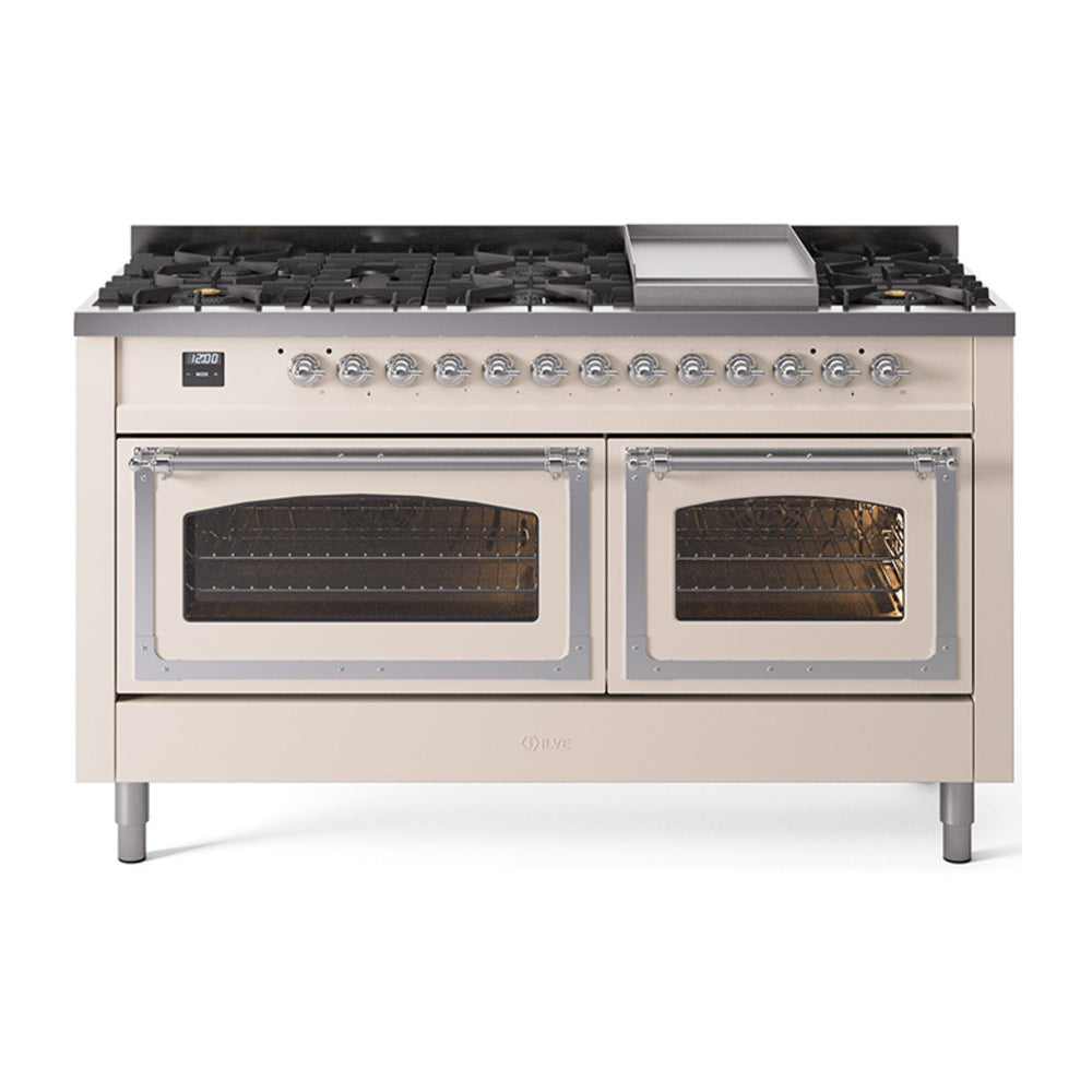 ILVE Nostalgie II Noblesse 60-Inch Natural Gas Dual Fuel Range, Antique White with Chrome Trim (UN60FNMPAWC)