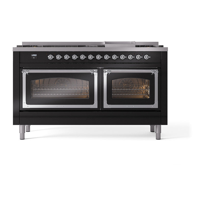 ILVE Nostalgie II Noblesse 60-Inch Natural Gas Dual Fuel Range, Glossy Black with Chrome Trim (UN60FNMPBKC)