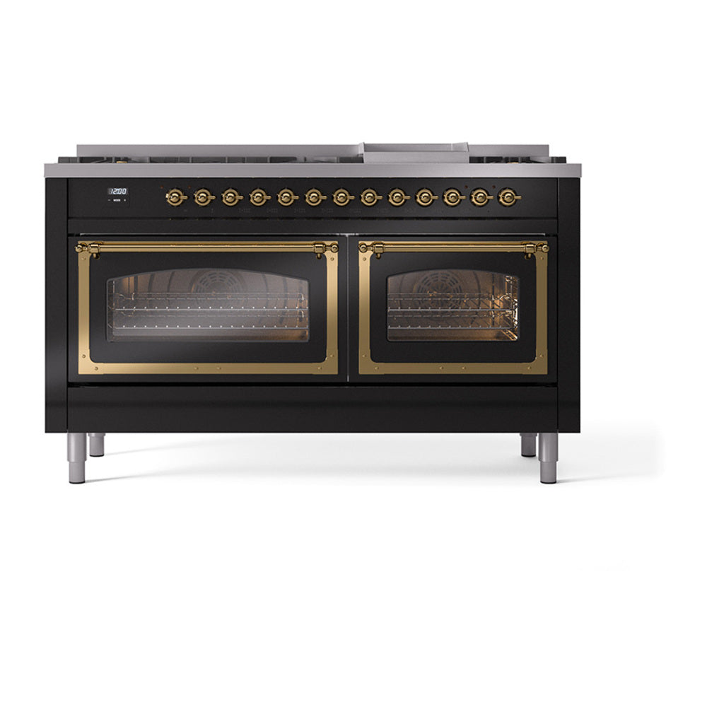 ILVE Nostalgie II Noblesse 60-Inch Propane Dual Fuel Range, 9 Burners, Triple Glass Door Oven, Glossy Black with Brass Trim (UN60FNMPBKGLP)