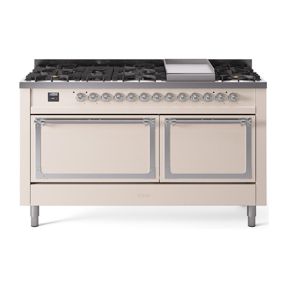 ILVE Nostalgie II Noblesse 60-Inch Propane Dual Fuel Range, 9 Burners, Solid Door Oven, Antique White with Chrome Trim (UN60FQNMPAWCLP)