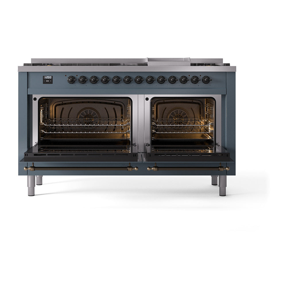ILVE Nostalgie II Noblesse 60-Inch Propane Dual Fuel Range, 9 Burners, Solid Door Oven, Blue Grey with Bronze Trim (UN60FQNMPBGBLP)