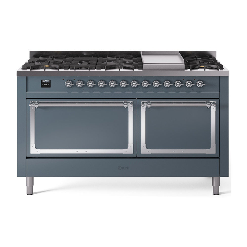 ILVE Nostalgie II Noblesse 60-Inch Natural Gas Dual Fuel Range, 9 Burners, Solid Door Oven, Blue Grey with Chrome Trim (UN60FQNMPBGC)