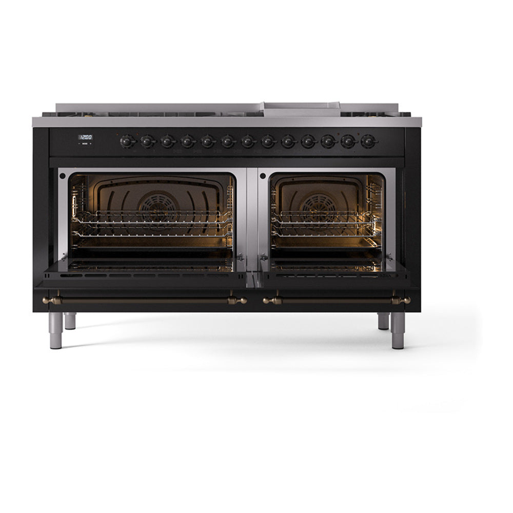 ILVE Nostalgie II Noblesse 60-Inch Natural Gas Dual Fuel Range, 9 Burners, Solid Door Oven, Glossy Black with Bronze Trim (UN60FQNMPBKB)