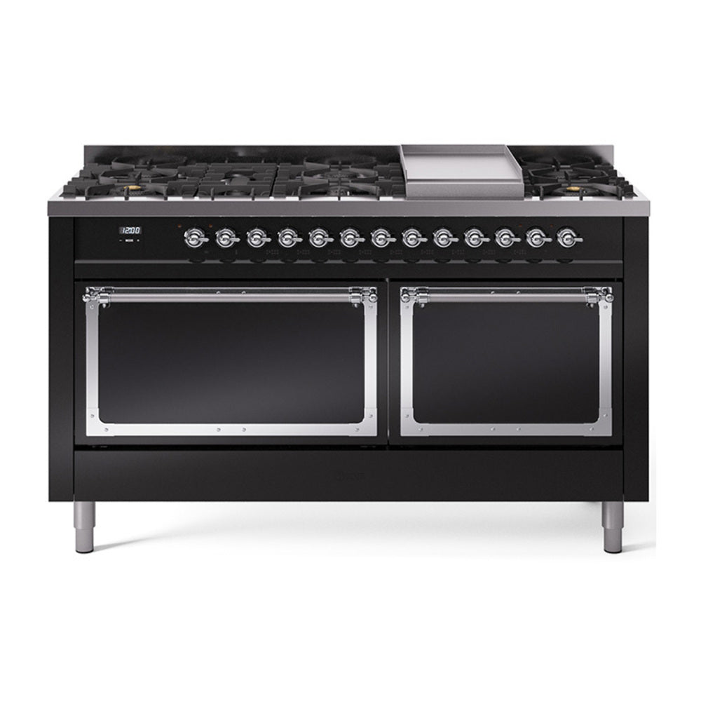 ILVE Nostalgie II Noblesse 60-Inch Propane Dual Fuel Range, 9 Burners, Solid Door Oven, Glossy Black with Chrome Trim (UN60FQNMPBKCLP)