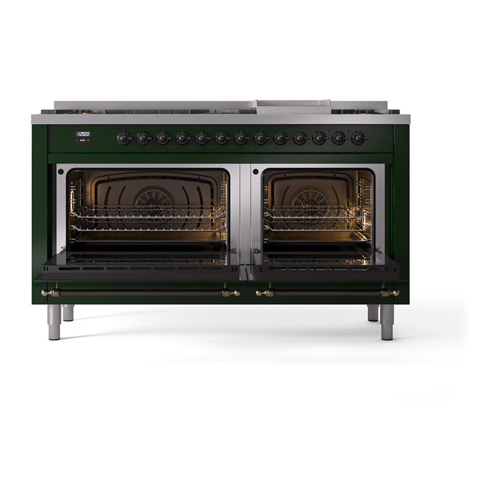 ILVE Nostalgie II Noblesse 60-Inch Propane Dual Fuel Range, 9 Burners, Solid Door Oven, Emerald Green with Bronze Trim (UN60FQNMPEGBLP)