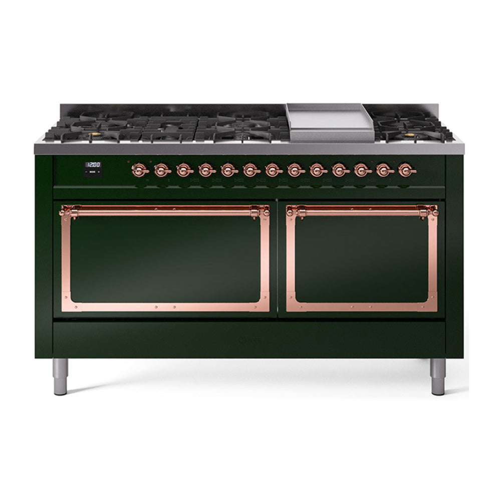 ILVE Nostalgie II Noblesse 60-Inch Propane Dual Fuel Range, 9 Burners, Solid Door Oven, Emerald Green with Copper Trim (UN60FQNMPEGPLP)