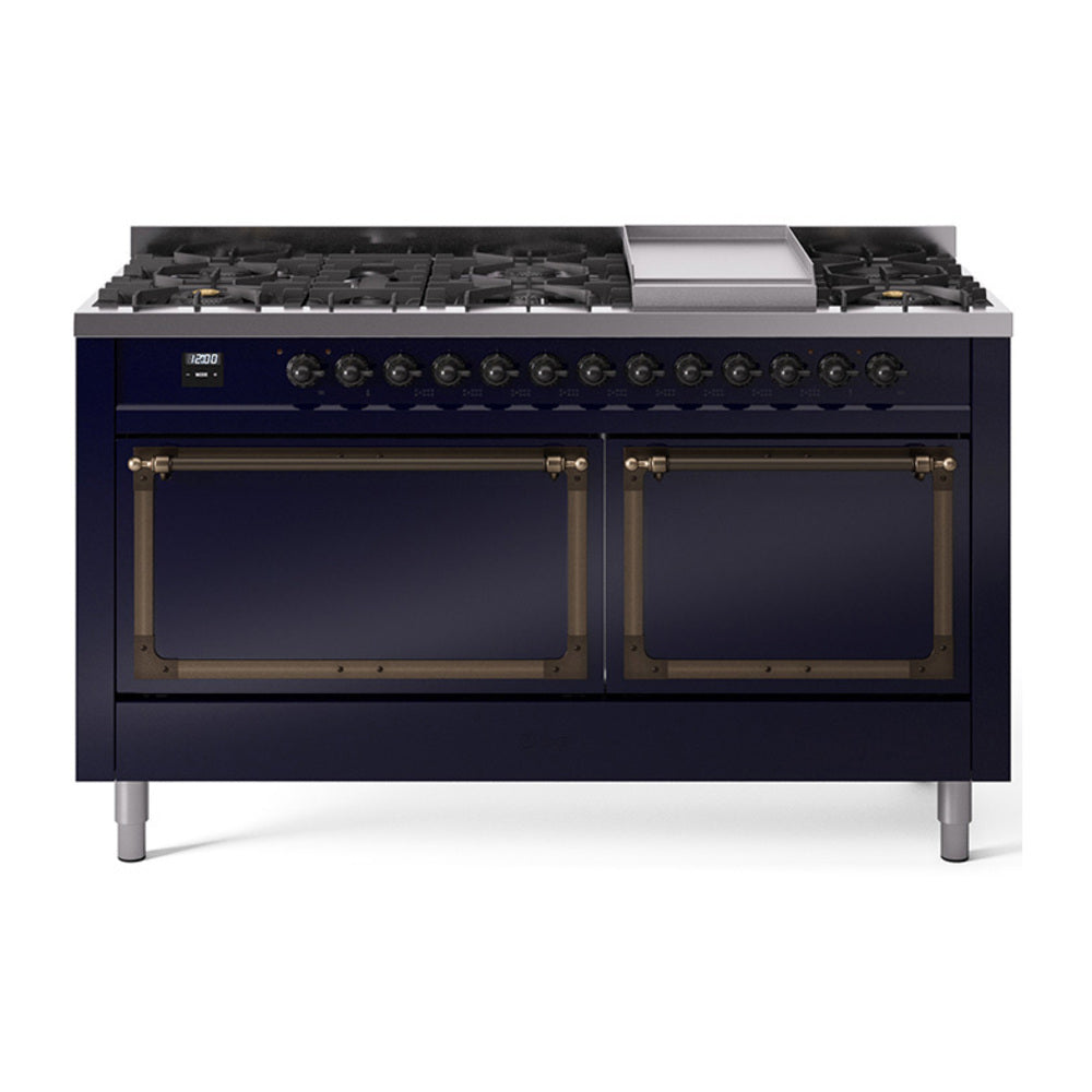 ILVE Nostalgie II Noblesse 60-Inch Propane Dual Fuel Range, 9 Burners, Solid Door Oven, Midnight Blue with Bronze Trim (UN60FQNMPMBBLP)