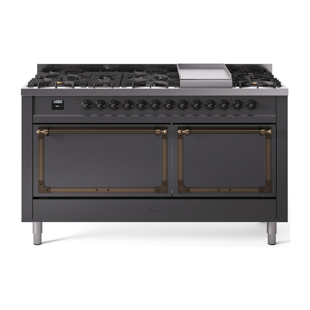 ILVE Nostalgie II Noblesse 60-Inch Natural Gas Dual Fuel Range, 9 Burners, Solid Door Oven, Matte Graphite with Bronze Trim (UN60FQNMPMGB)