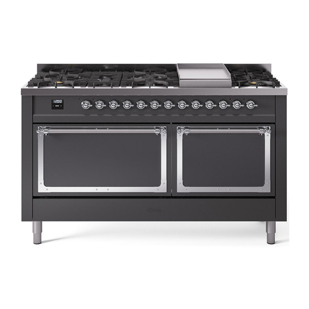 ILVE Nostalgie II Noblesse 60-Inch Propane Dual Fuel Range, 9 Burners, Solid Door Oven, Matte Graphite with Chrome Trim (UN60FQNMPMGCLP)