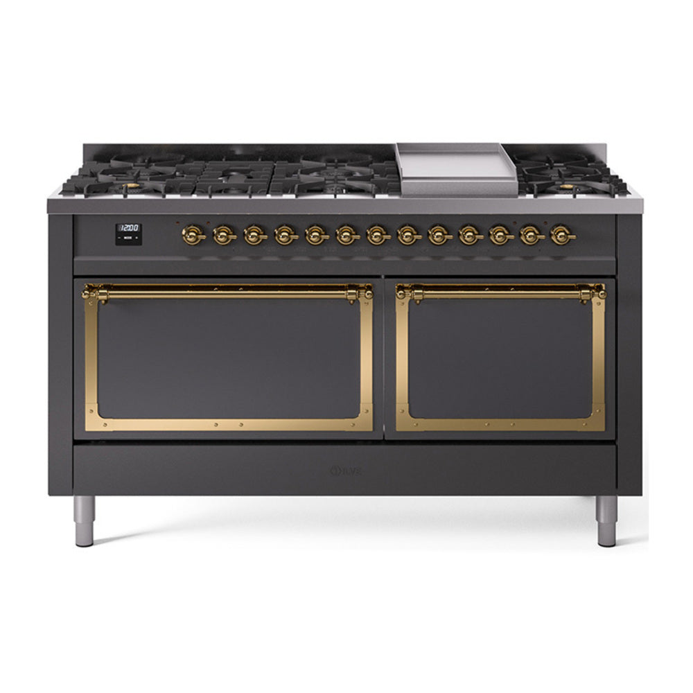 ILVE Nostalgie II Noblesse 60-Inch Propane Dual Fuel Range, 9 Burners, Solid Door Oven, Matte Graphite with Brass Trim (UN60FQNMPMGGLP)