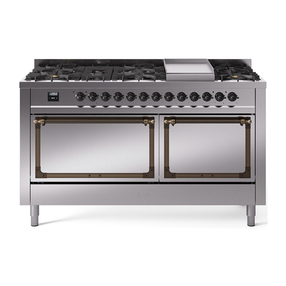 ILVE Nostalgie II Noblesse 60-Inch Natural Gas Dual Fuel Range, 9 Burners, Solid Door Oven, Stainless Steel with Bronze Trim (UN60FQNMPSSB)