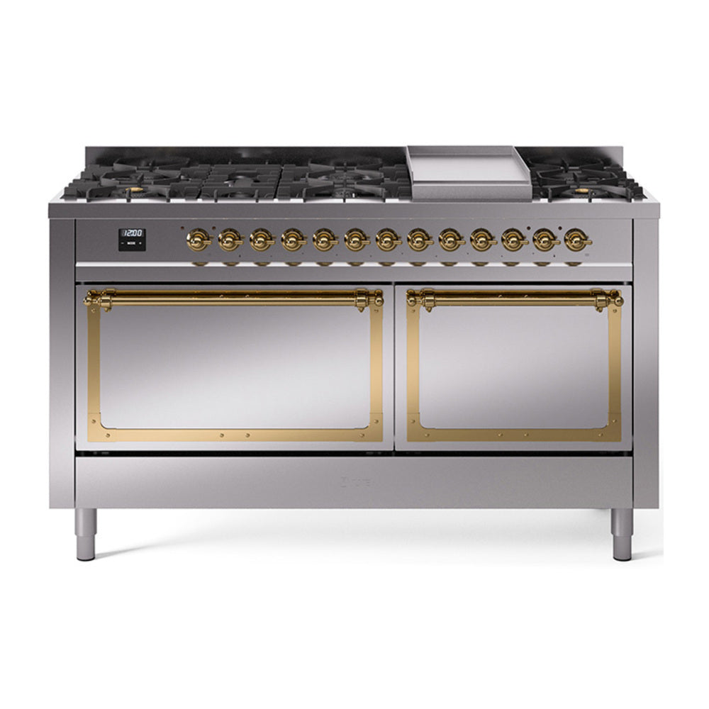 ILVE Nostalgie II Noblesse 60-Inch Natural Gas Dual Fuel Range, 9 Burners, Solid Door Oven, Stainless Steel with Brass Trim (UN60FQNMPSSG)