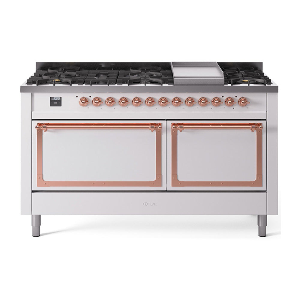 ILVE Nostalgie II Noblesse 60-Inch Natural Gas Dual Fuel Range, 9 Burners, Solid Door Oven, White with Copper Trim (UN60FQNMPWHP)