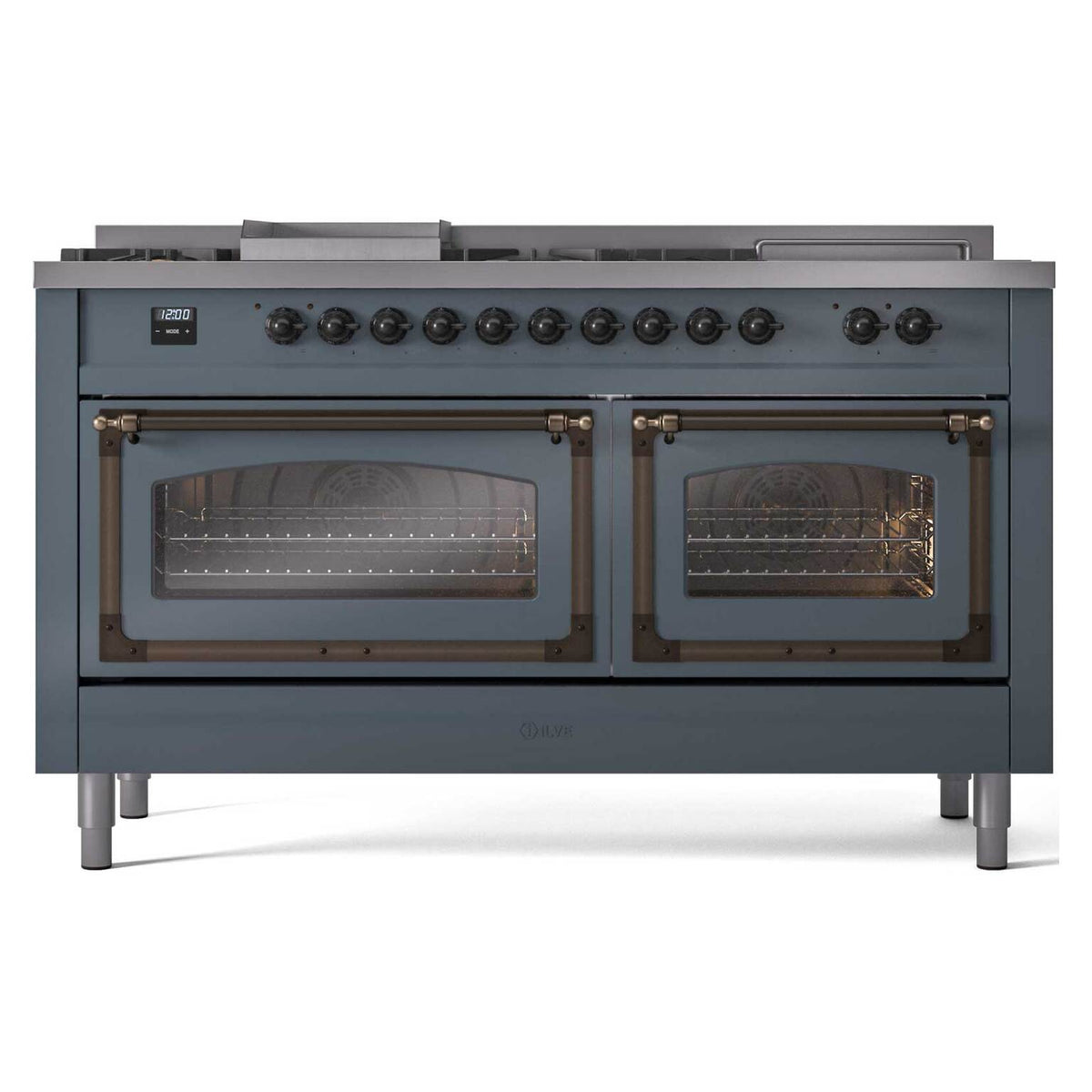 ILVE Nostalgie II Noblesse 60-Inch Natural Gas Dual Fuel Range, 7 Burners, Griddle, Blue Grey with Burnished Bronze Trim (UN60FSNMPBGB)