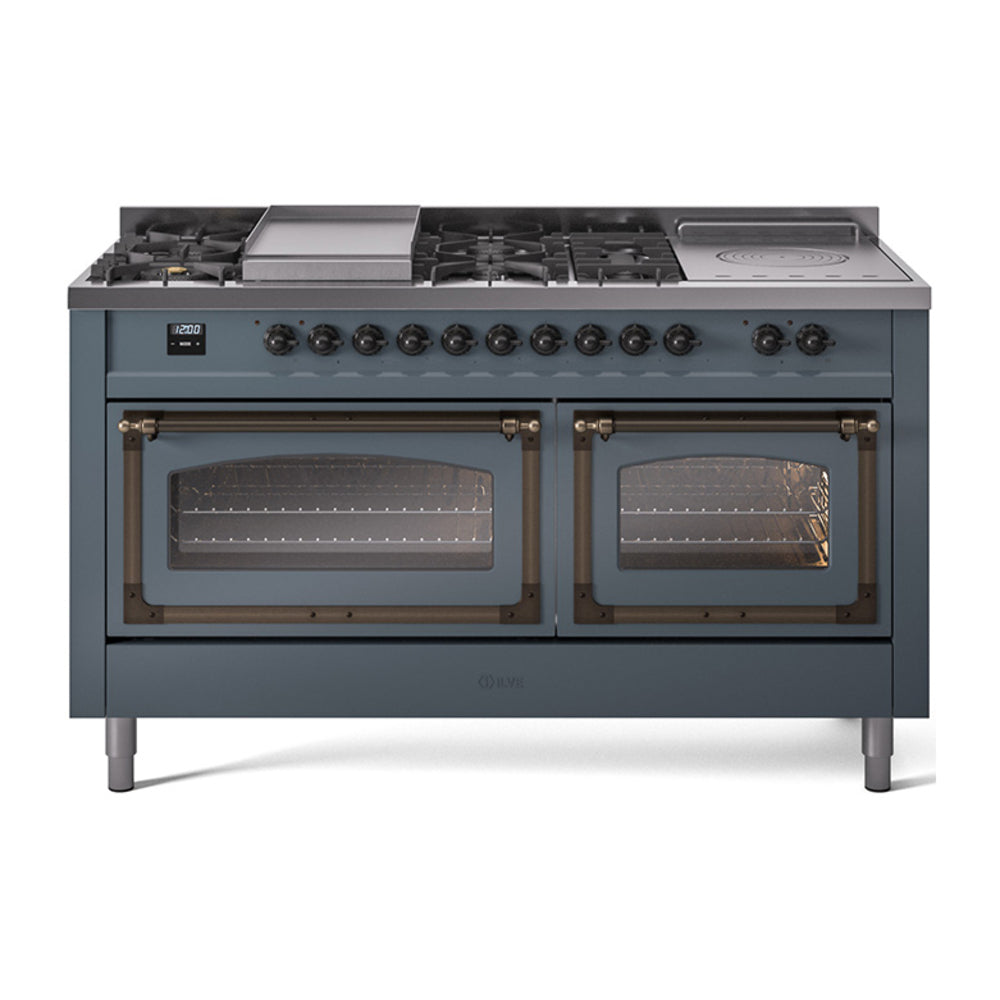 ILVE Nostalgie II Noblesse 60-Inch Natural Gas Dual Fuel Range, 7 Burners, Griddle, Blue Grey with Burnished Bronze Trim (UN60FSNMPBGB)