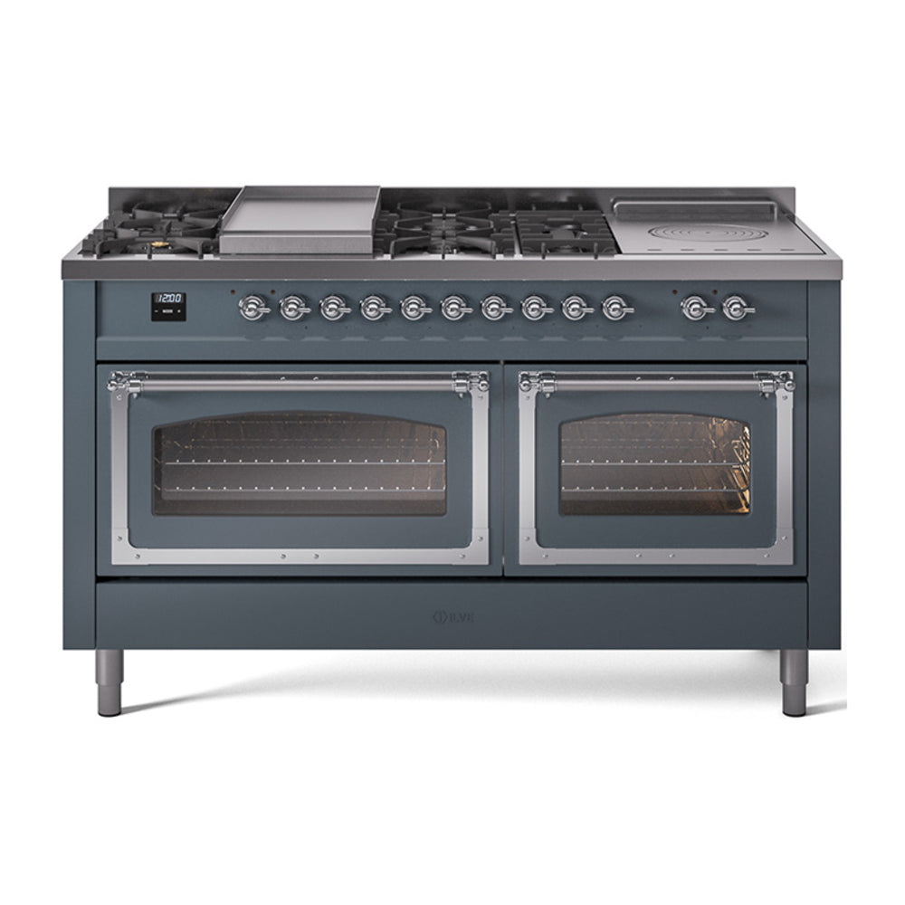 ILVE Nostalgie II Noblesse 60-Inch Propane Dual Fuel Range, 7 Burners, French Top, Blue Grey with Chrome Trim (UN60FSNMPBGCLP)