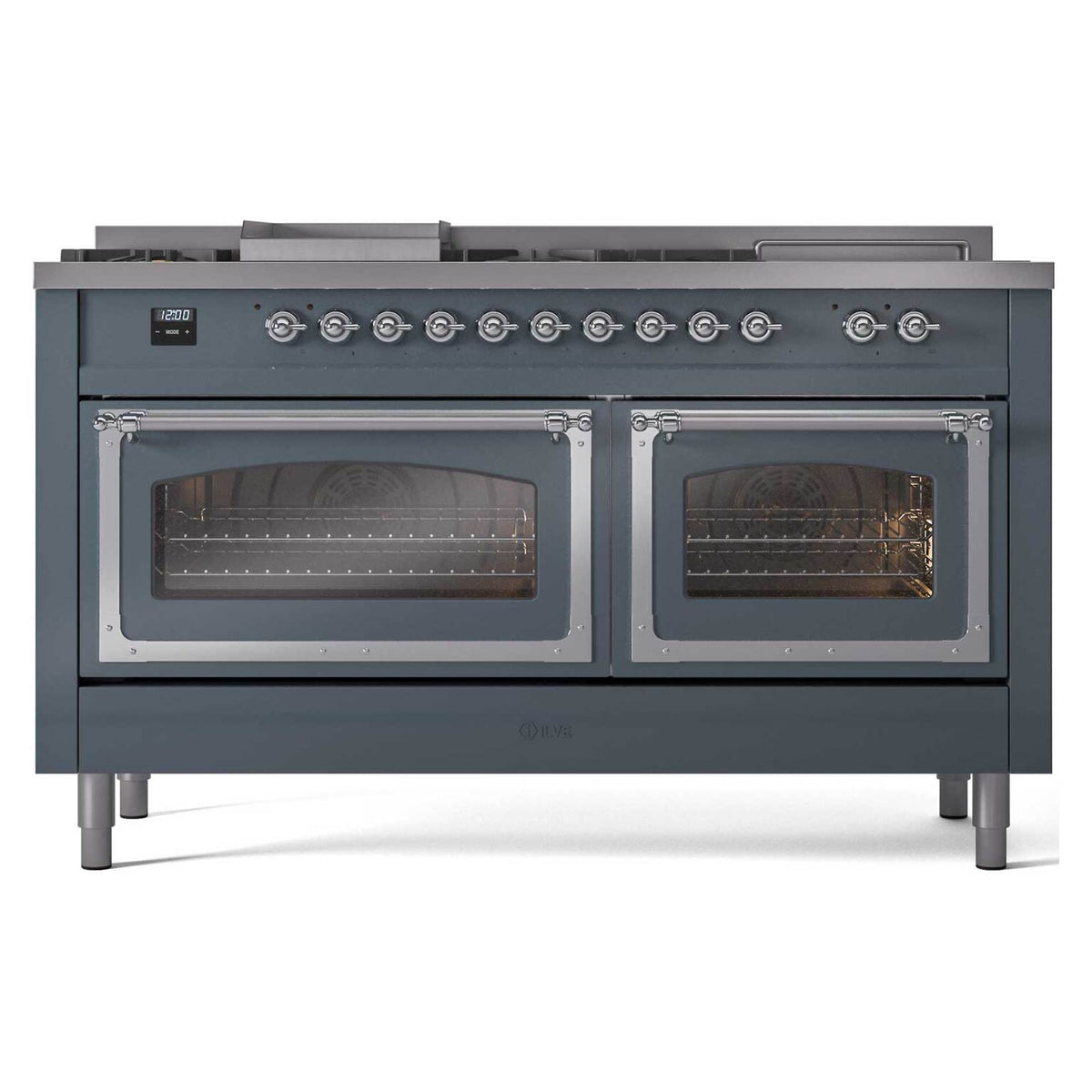 ILVE Nostalgie II Noblesse 60-Inch Propane Dual Fuel Range, 7 Burners, French Top, Blue Grey with Chrome Trim (UN60FSNMPBGCLP)