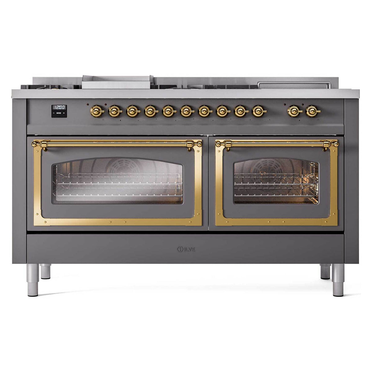 ILVE Nostalgie II Noblesse 60-Inch Dual Fuel Range, 7 Burners, Griddle, French Top, Matte Graphite with Brass Trim (UN60FSNMPMGG)