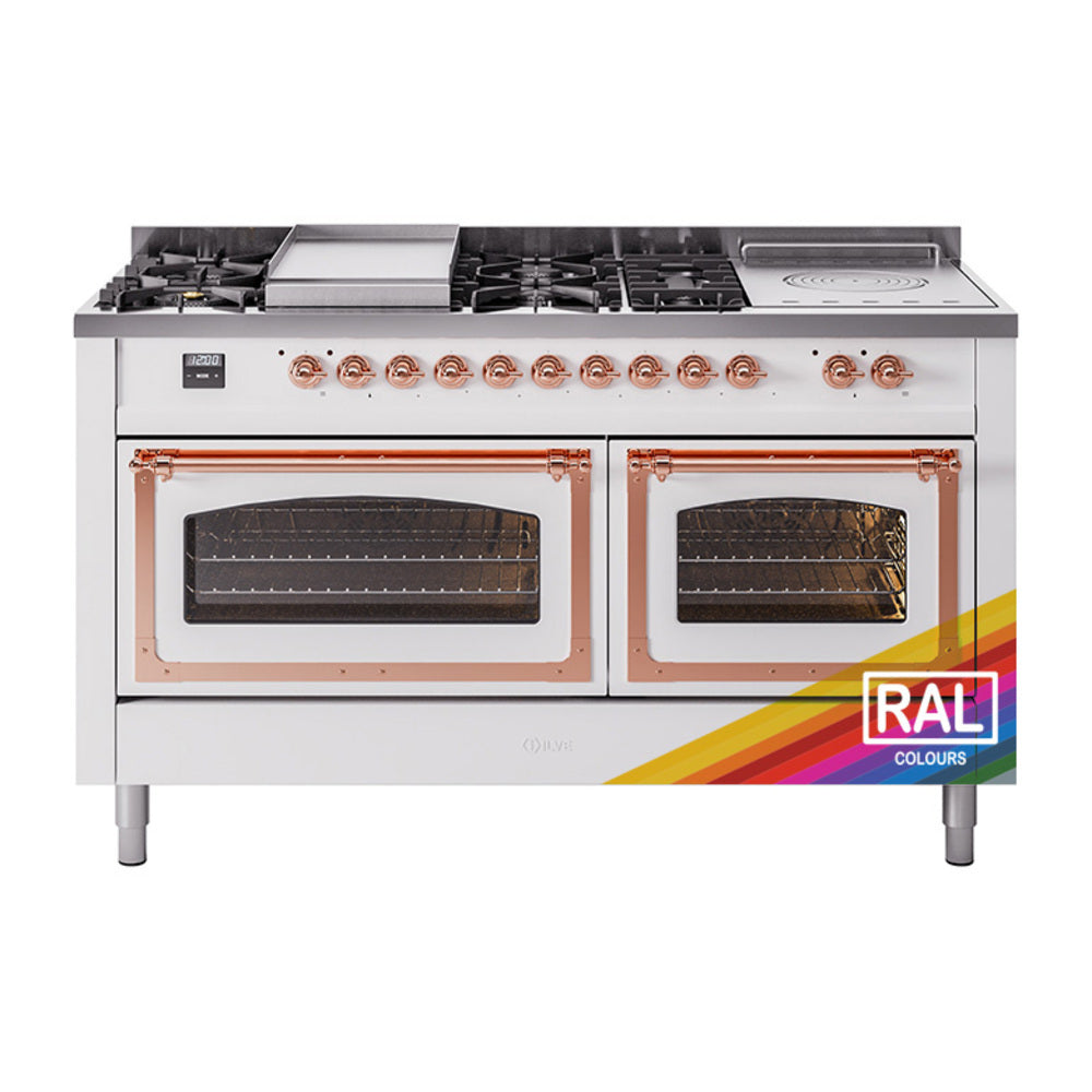 ILVE Nostalgie II Noblesse 60-Inch Natural Gas Dual Fuel Range, 7 Burners, Griddle, French Top, Custom RAL with Copper Trim (UN60FSNMPRAP)