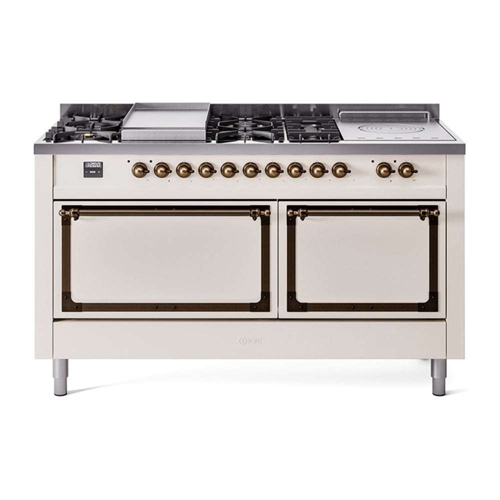 ILVE Nostalgie II Noblesse 60-Inch Natural Gas Dual Fuel Range, 7 Burners, French Top, Antique White with Bronze Trim (UN60FSQNMPAWB)