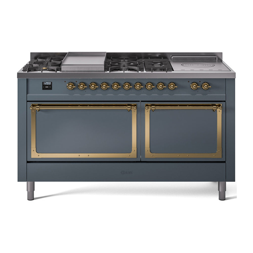 ILVE Nostalgie II Noblesse 60-Inch Propane Dual Fuel Range, 7 Burners, French Top, Blue Grey with Brass Trim (UN60FSQNMPBGGLP)