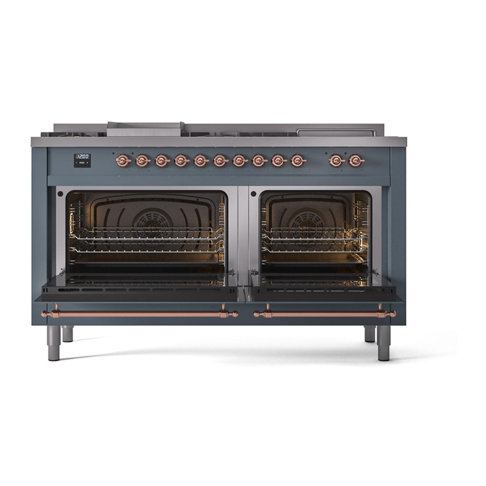ILVE Nostalgie II Noblesse 60-Inch Natural Gas Dual Fuel Range, 7 Burners, French Top, Blue Grey with Copper Trim (UN60FSQNMPBGP)
