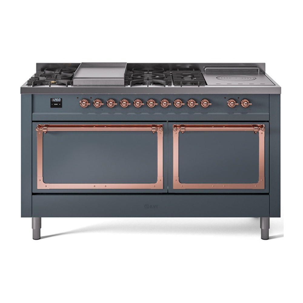 ILVE Nostalgie II Noblesse 60-Inch Natural Gas Dual Fuel Range, 7 Burners, French Top, Blue Grey with Copper Trim (UN60FSQNMPBGP)