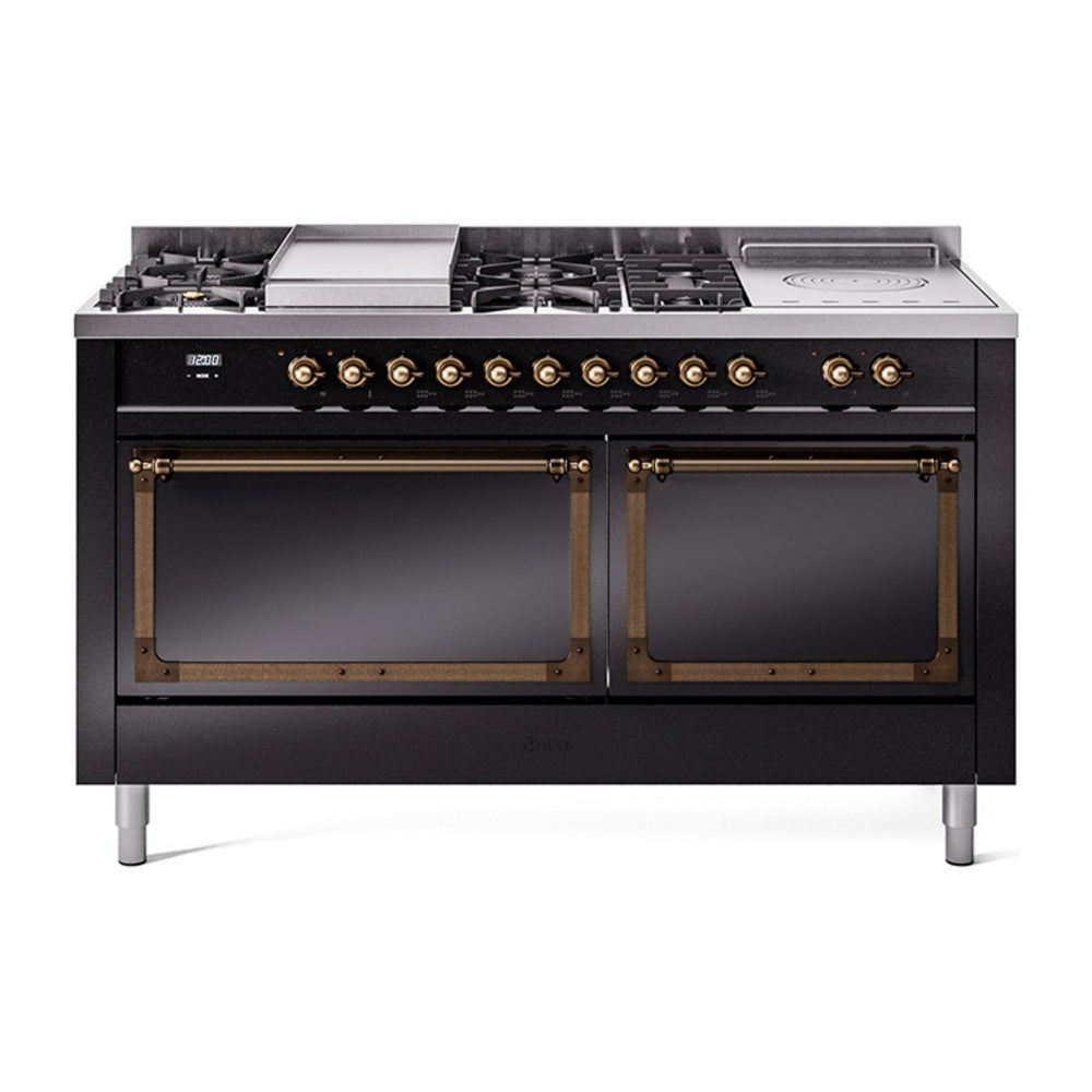 ILVE Nostalgie II Noblesse 60-Inch Propane Dual Fuel Range, 7 Burners, French Top, Glossy Black with Burnished Bronze Trim (UN60FSQNMPBKBLP)