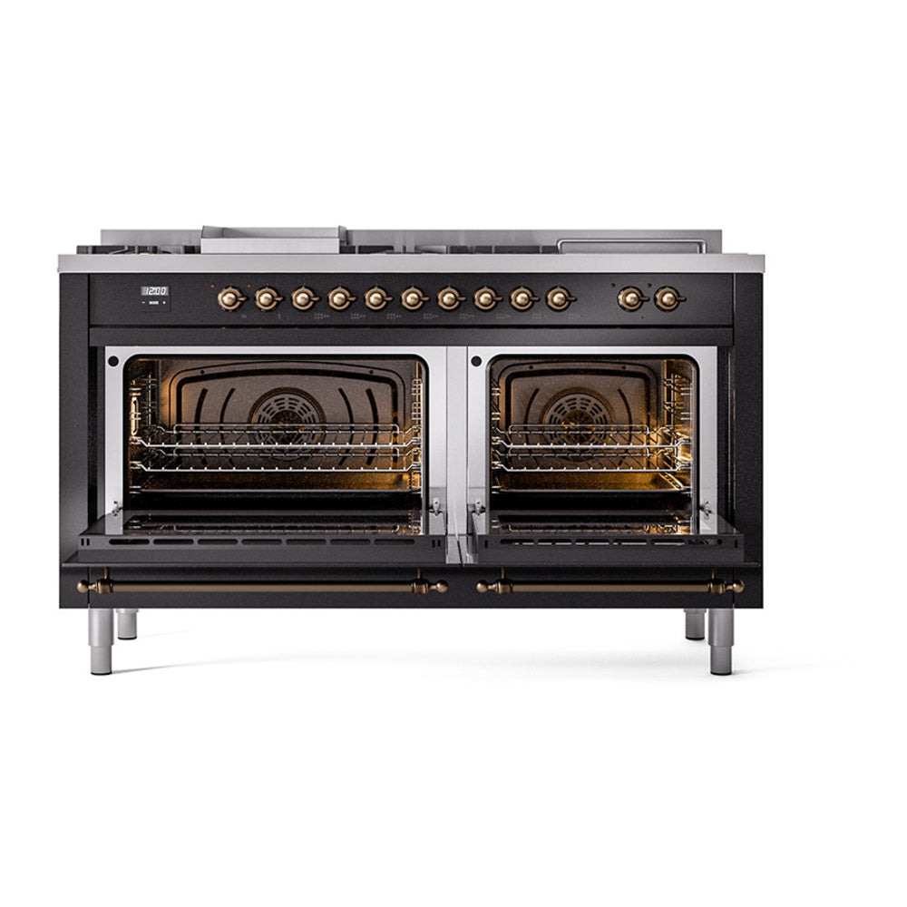 ILVE Nostalgie II Noblesse 60-Inch Natural Gas Dual Fuel Range, 7 Burners, French Top, Glossy Black with Bronze Trim (UN60FSQNMPBKB)