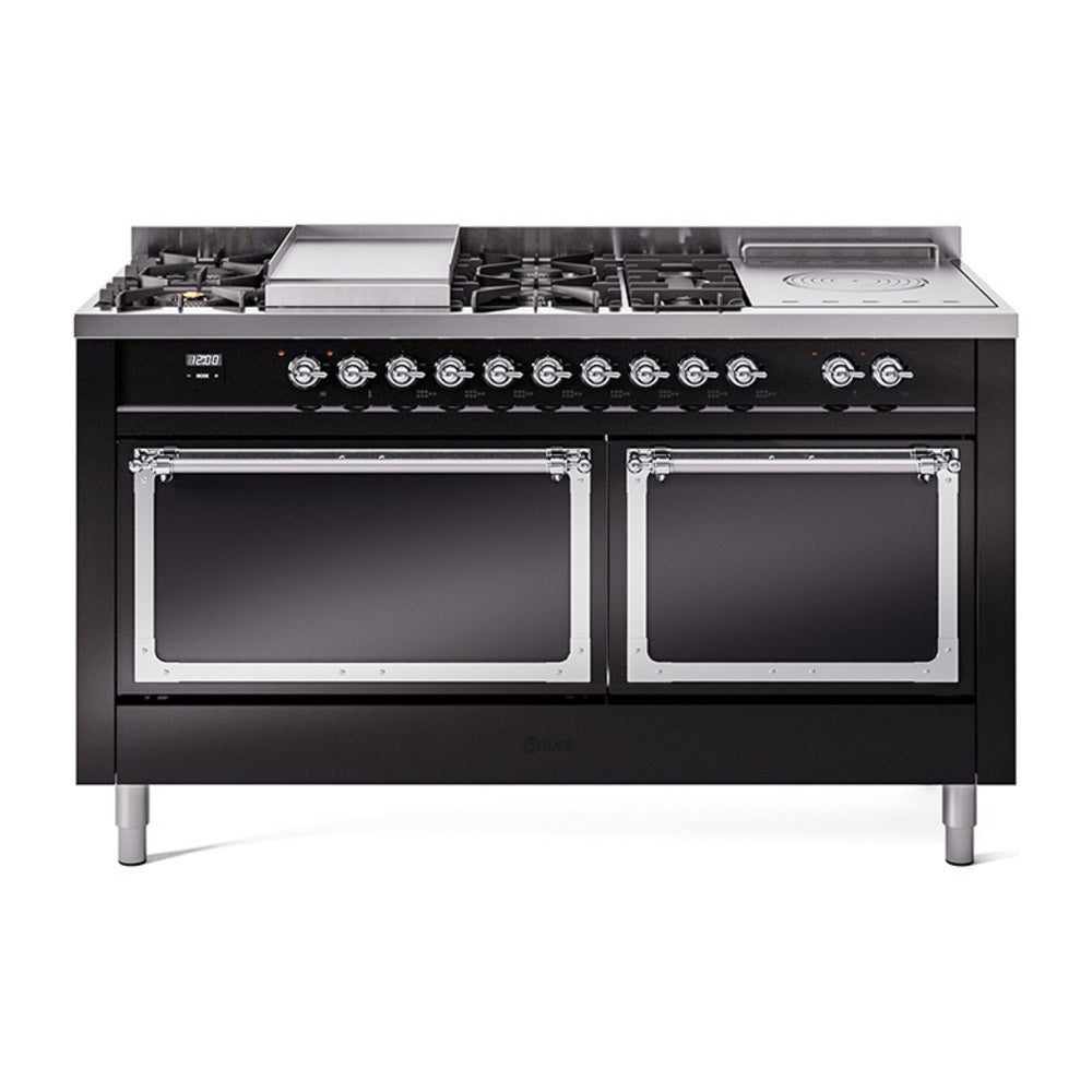 ILVE Nostalgie II Noblesse 60-Inch Propane Dual Fuel Range, 7 Burners, French Top, Glossy Black with Chrome Trim (UN60FSQNMPBKCLP)