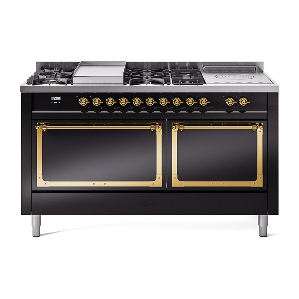ILVE Nostalgie II Noblesse 60-Inch Propane Dual Fuel Range, 7 Burners, French Top, Glossy Black with Brass Trim (UN60FSQNMPBKGLP)