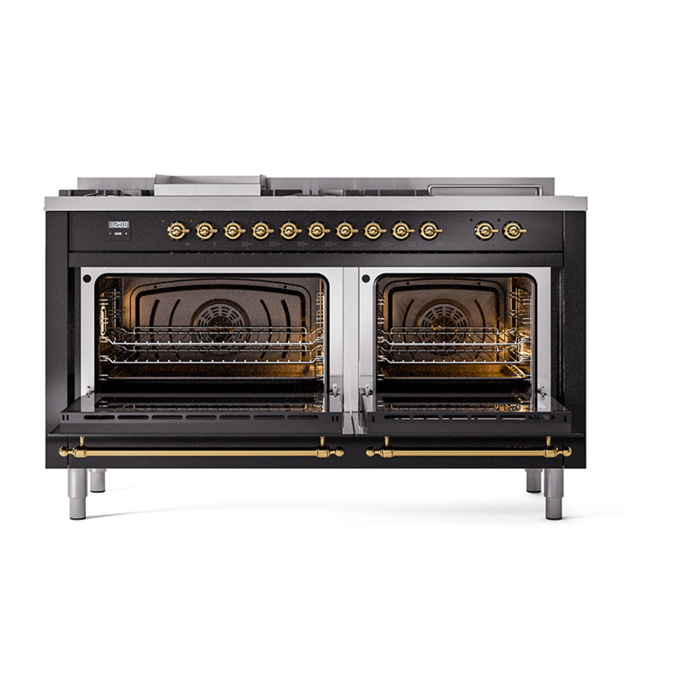 ILVE Nostalgie II Noblesse 60-Inch Natural Gas Dual Fuel Range, 7 Burners, French Top, Glossy Black with Brass Trim (UN60FSQNMPBKG)