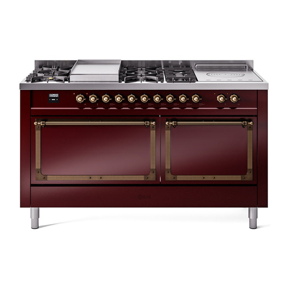 ILVE Nostalgie II Noblesse 60-Inch Natural Gas Dual Fuel Range, 7 Burners, French Top, Burgundy with Bronze Trim (UN60FSQNMPBUB)