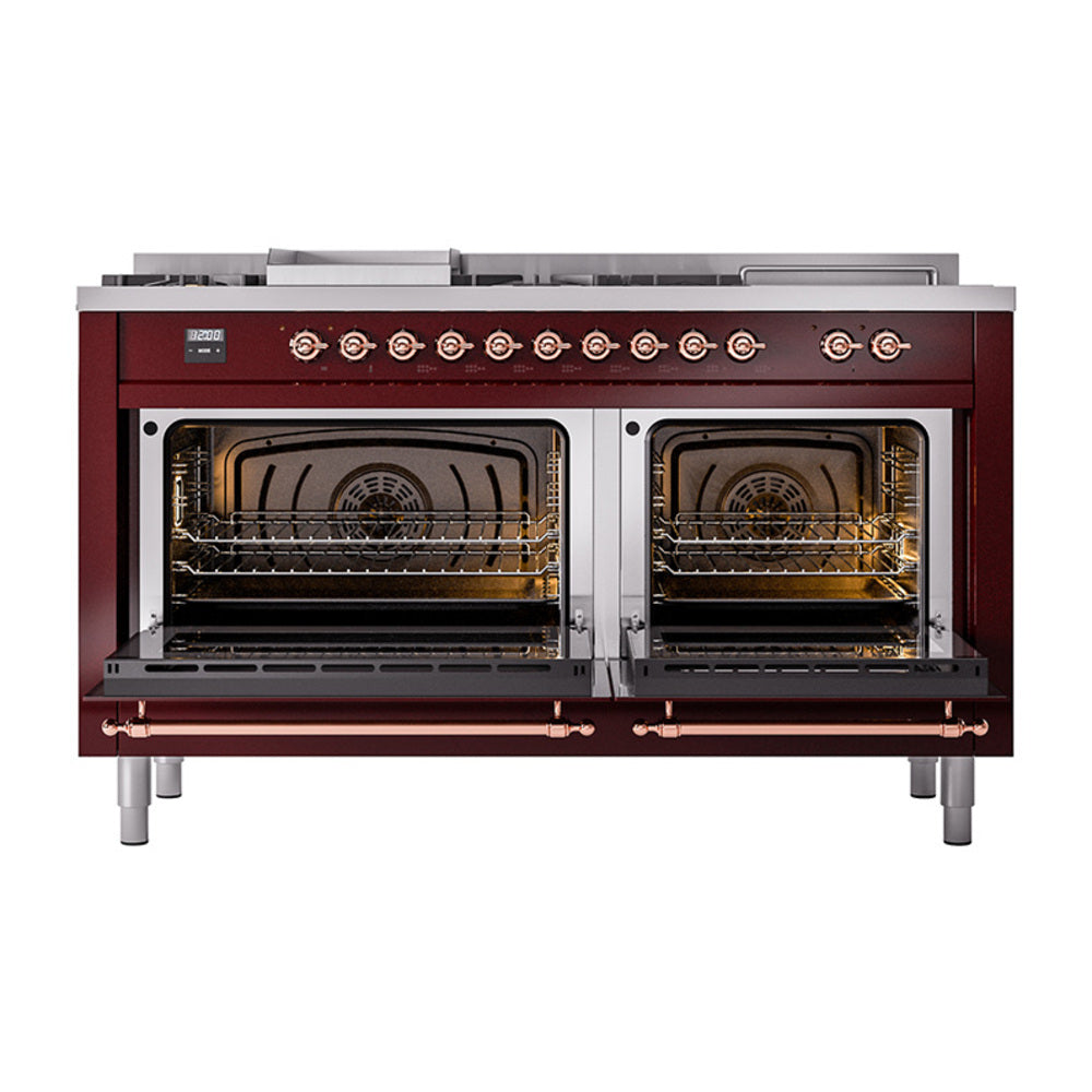 ILVE Nostalgie II Noblesse 60-Inch Natural Gas Dual Fuel Range, 7 Burners, French Top, Burgundy with Copper Trim (UN60FSQNMPBUP)