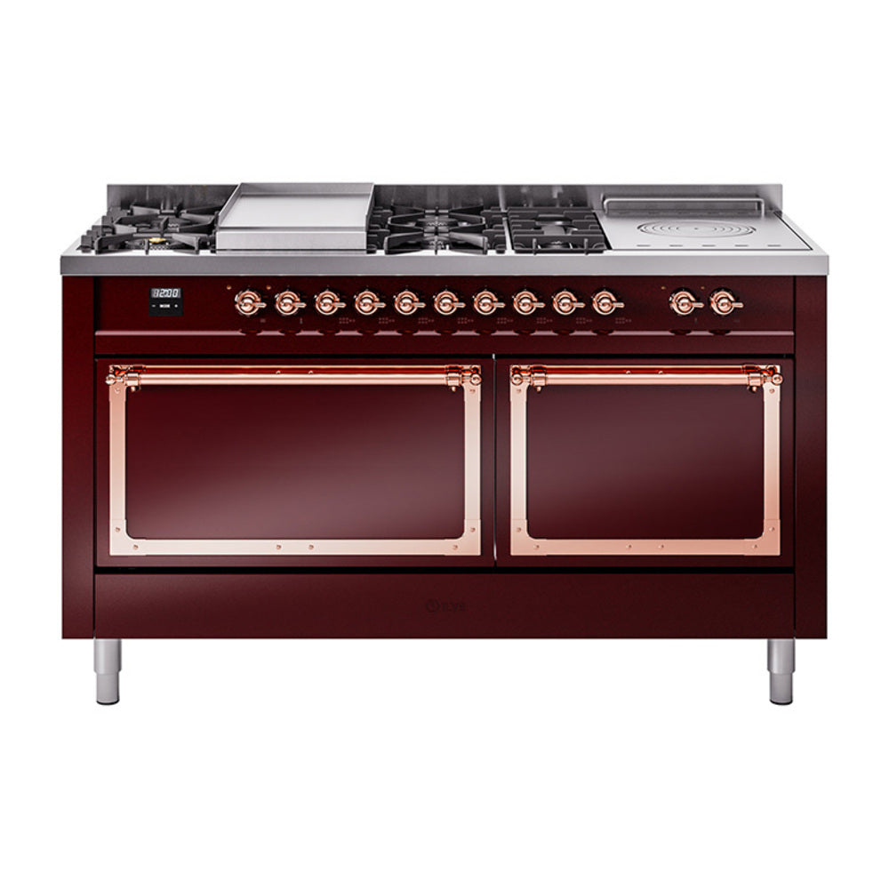 ILVE Nostalgie II Noblesse 60-Inch Natural Gas Dual Fuel Range, 7 Burners, French Top, Burgundy with Copper Trim (UN60FSQNMPBUP)