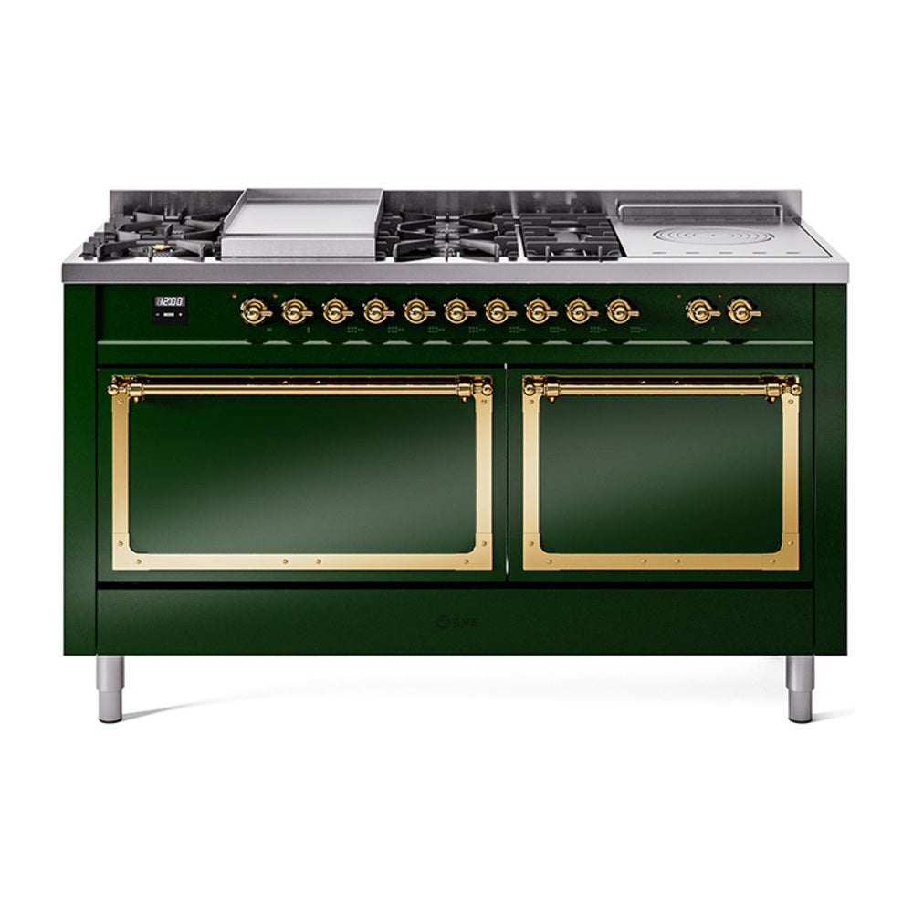 ILVE Nostalgie II Noblesse 60-Inch Propane Dual Fuel Range, 7 Burners, French Top, Emerald Green with Brass Trim (UN60FSQNMPEGGLP)